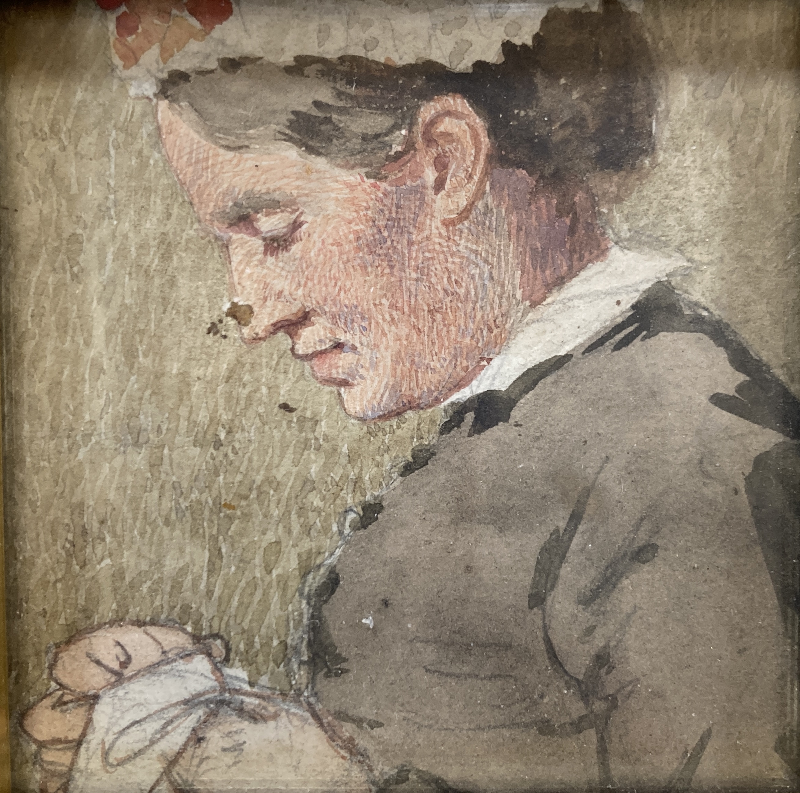 Victorian School, watercolour, Study of a woman sewing, 7 x 7cm